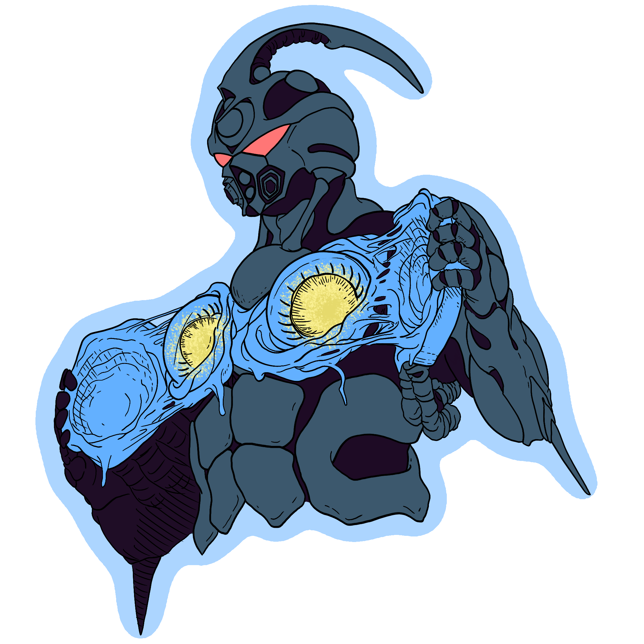 Highlighting the Guyver unit in the process of using the Mega Smashers which are located under the chest panels.