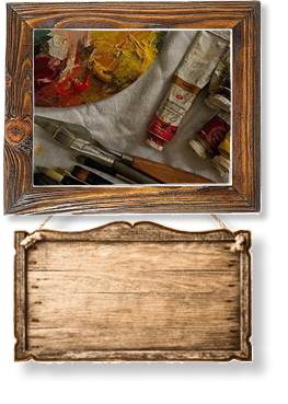 A close up of a pallete and paints on a canvas in a wooden frame.