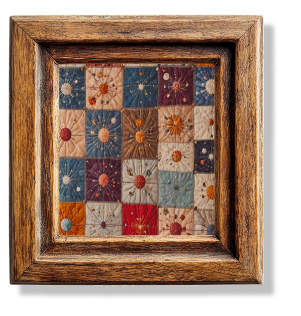 A close up of a hand sewn quilt in a wooden frame.