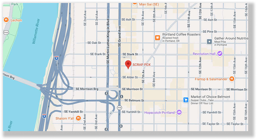 A screenshot of google maps shows that SCRAP is located between Alder and Stark street on 6th Avenue in Portland Oregon.